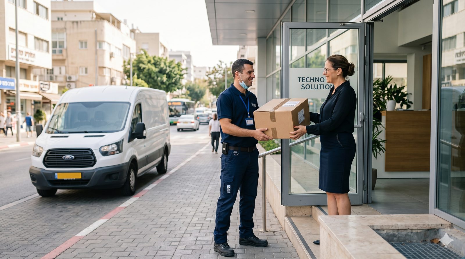 שליח של סאן שליחויות מוסר חבילה לבעלת עסק בפתח משרד, עם רכב מסחרי ברקע ברחוב עירוני